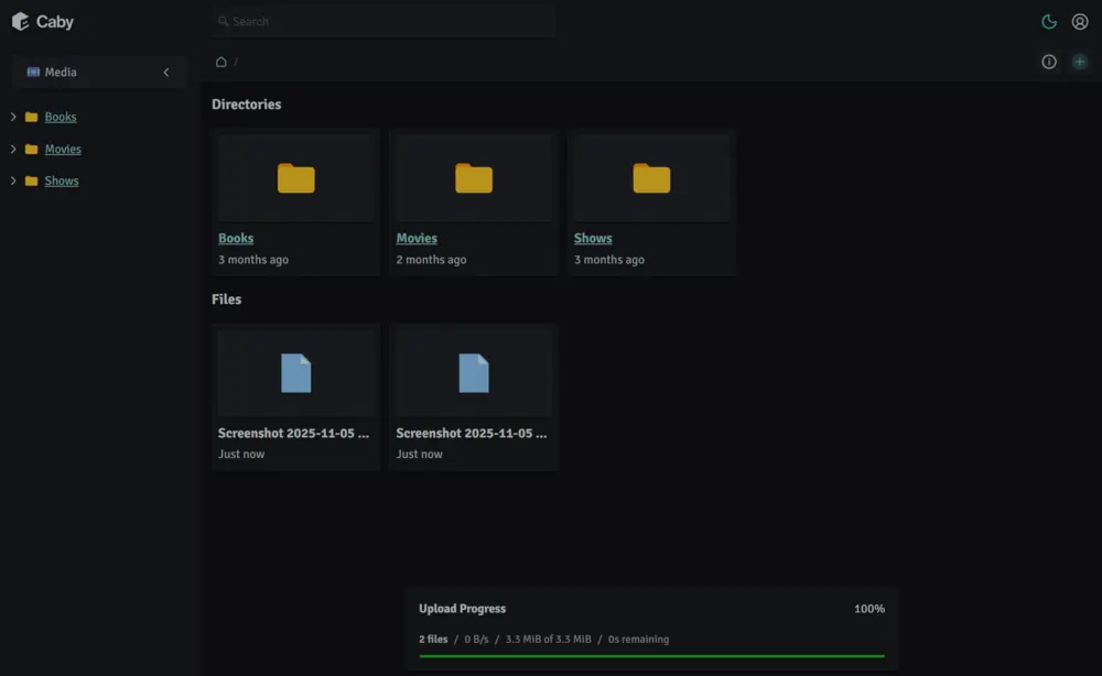 The Caby web interface showing a media space with directories and files